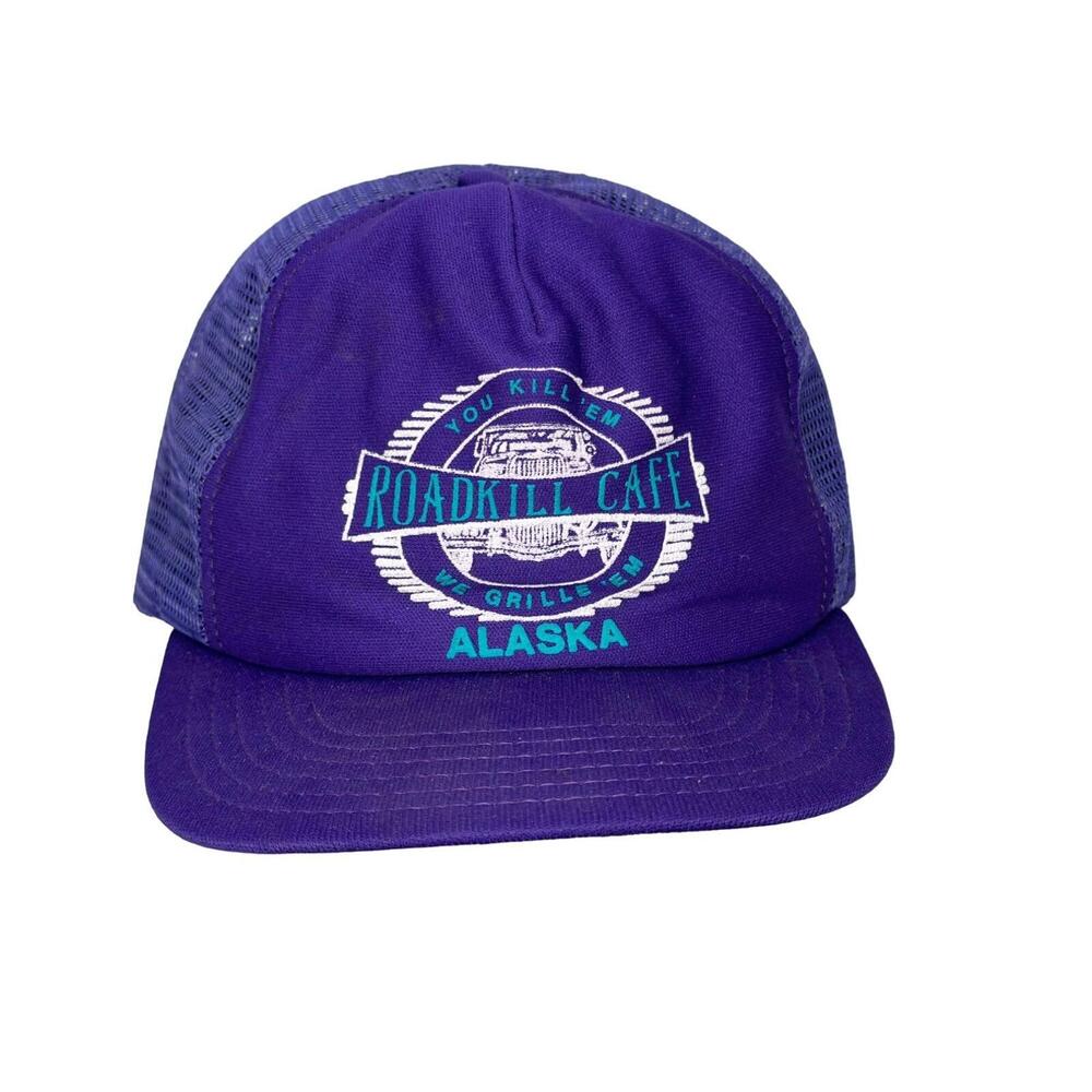Vintage Purple Mesh Foam Trucker Hat Cap You Kill'em We Grill'em Roadkill Cafe